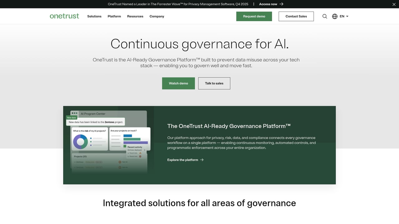 Screenshot of OneTrust website