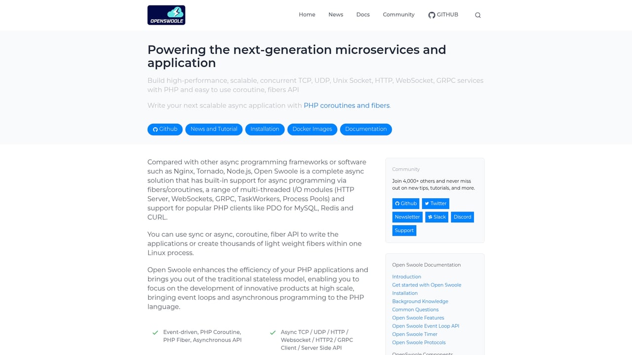 Screenshot of OpenSwoole website