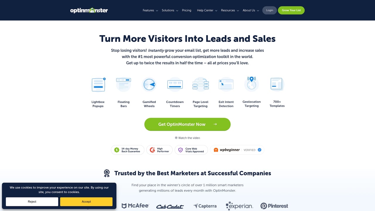 Screenshot of OptinMonster plugin website