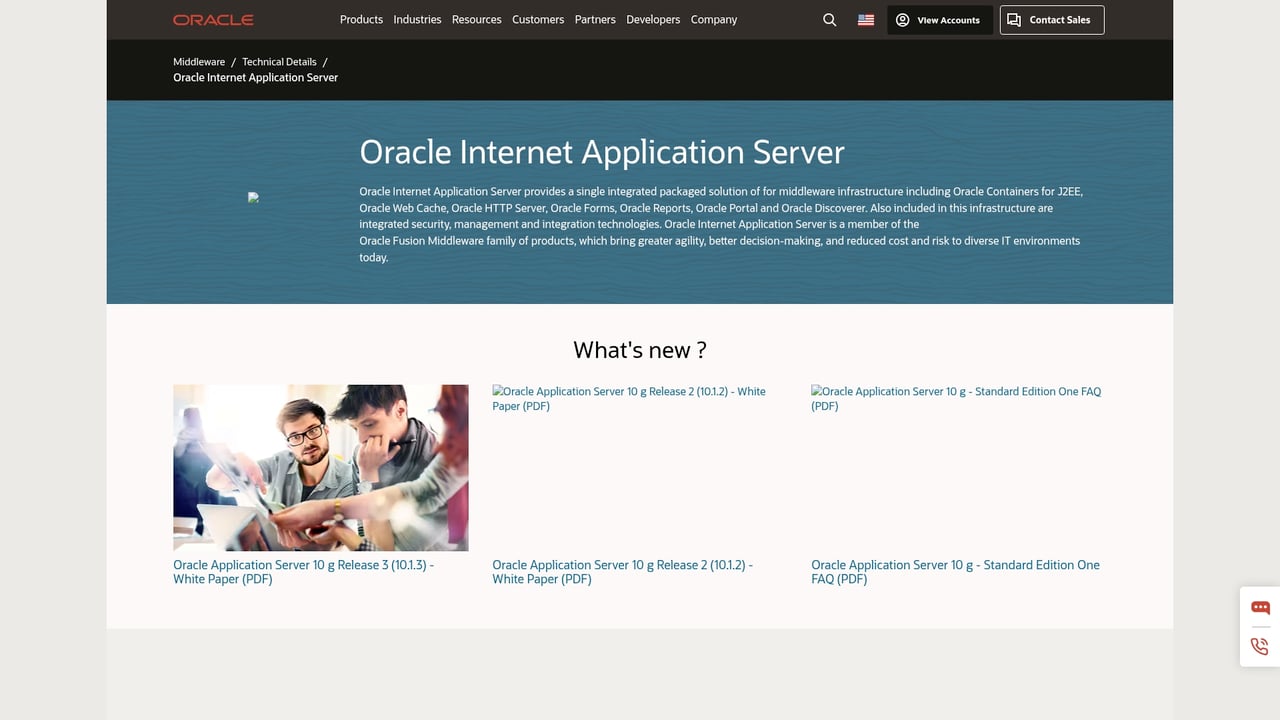 Screenshot of Oracle Application Server website