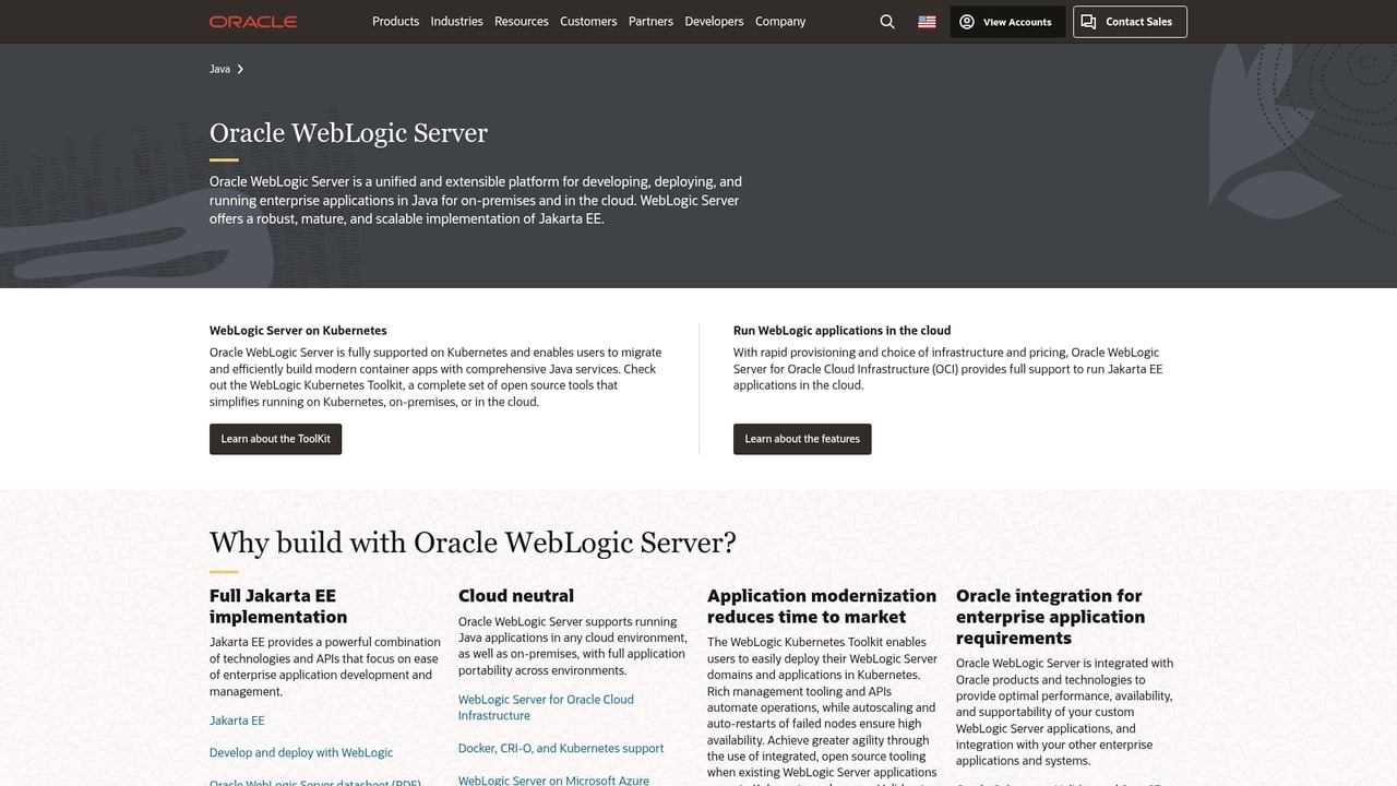 Screenshot of Oracle WebLogic Server website