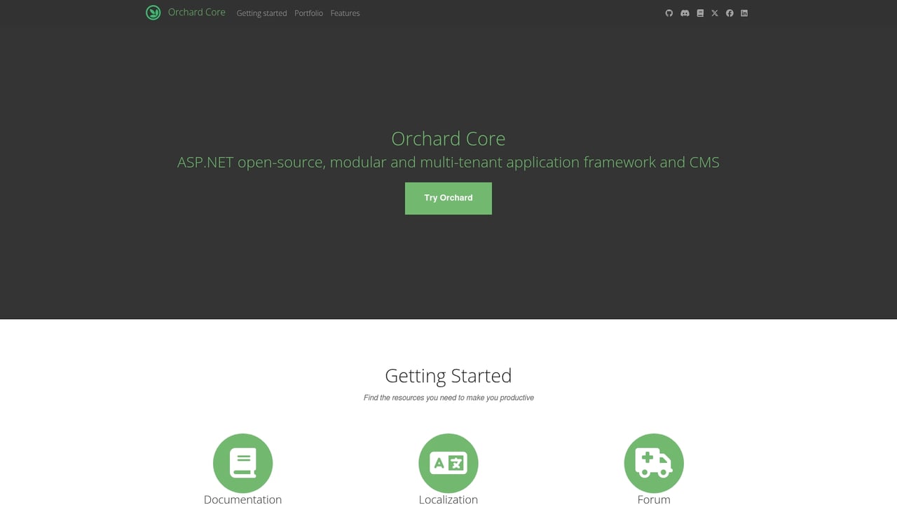 Screenshot of Orchard Core website