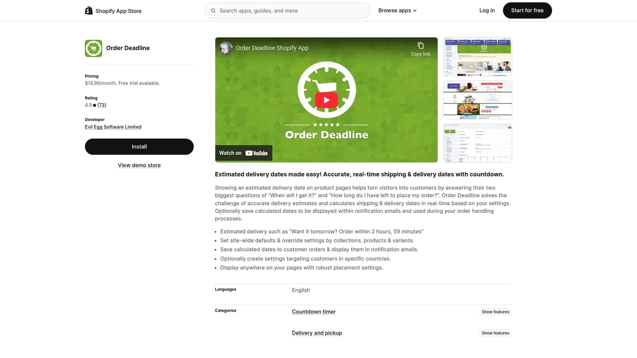 Screenshot of Order Deadline website