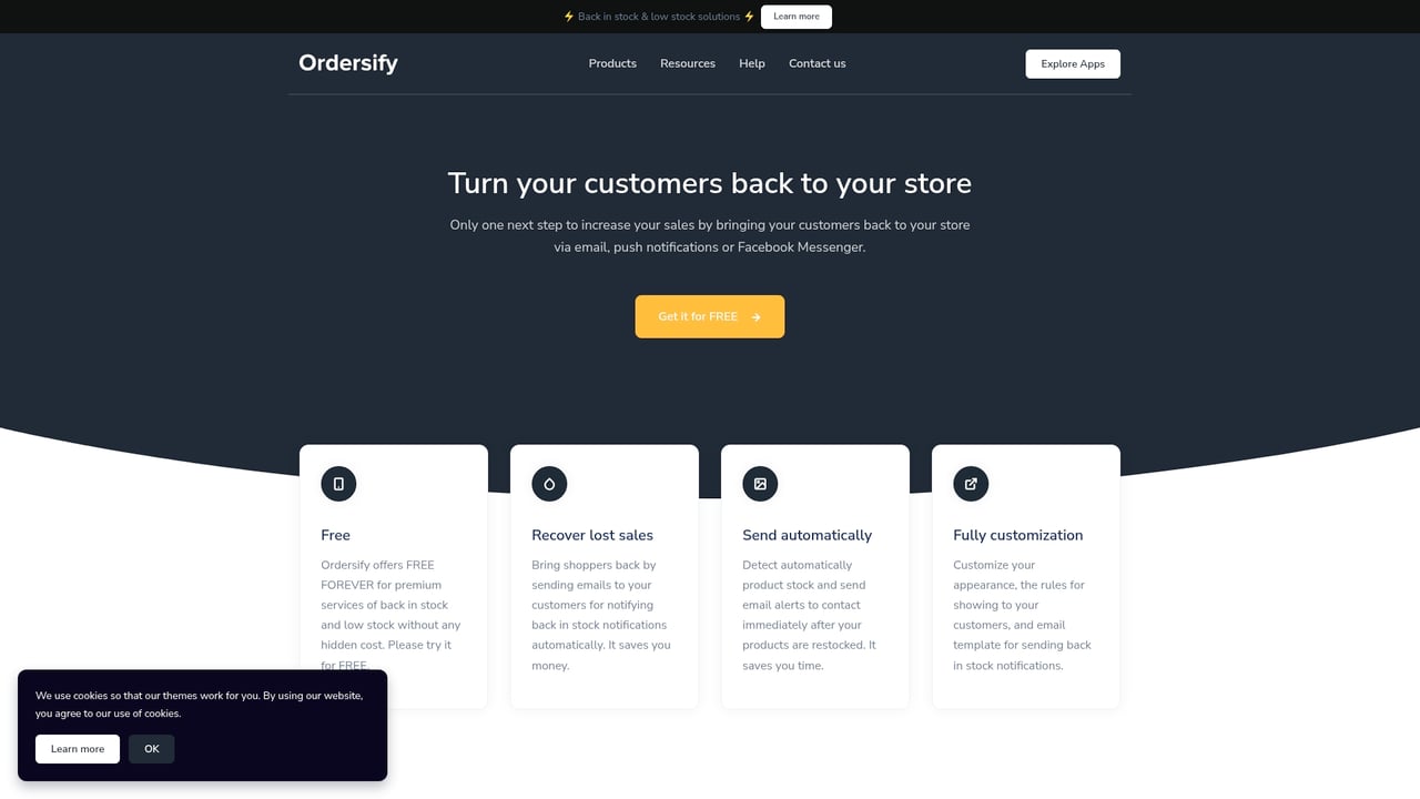 Screenshot of Ordersify Product Alerts website