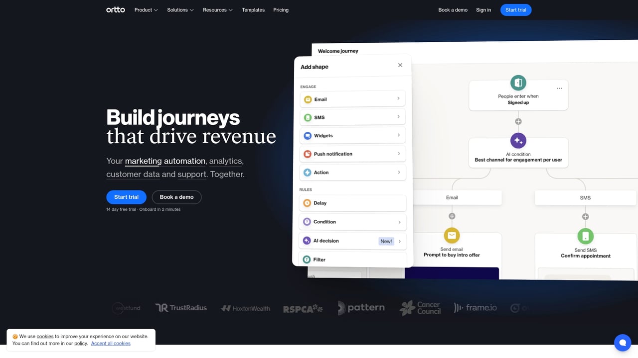 Screenshot of Ortto website