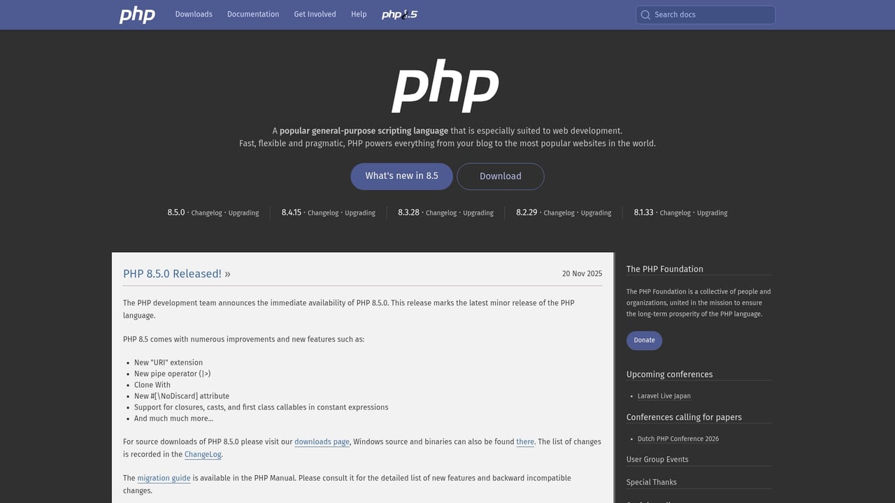 Screenshot of PHP website