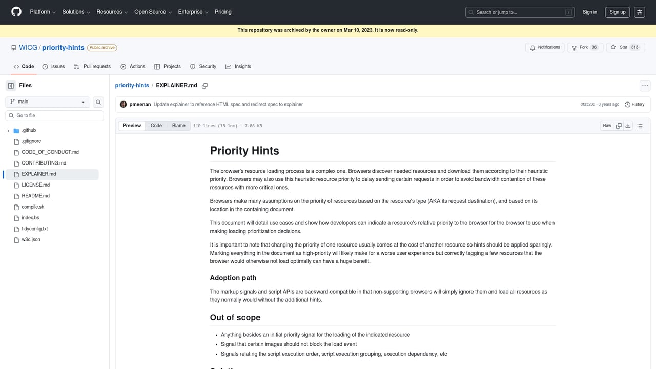 Screenshot of Priority Hints website
