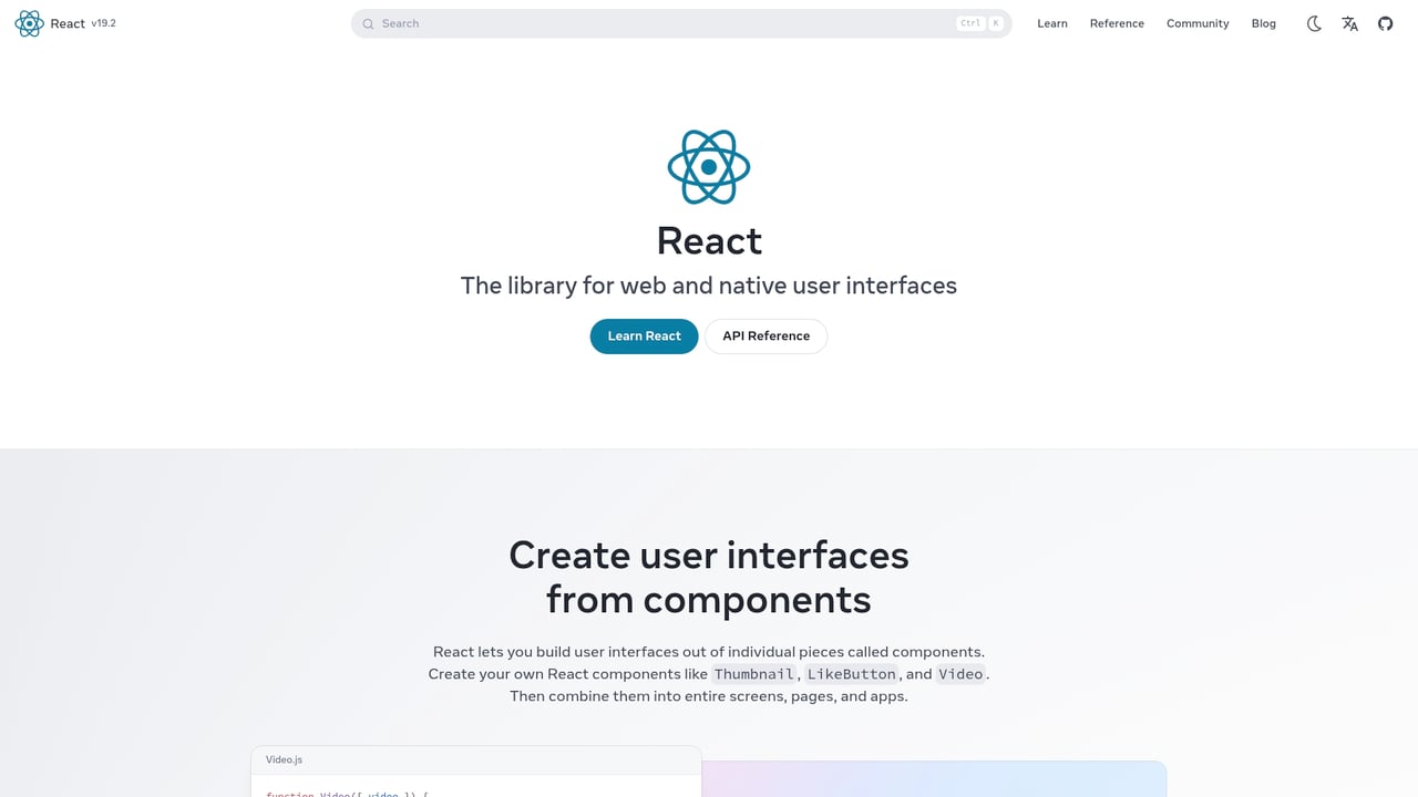 Screenshot of React website
