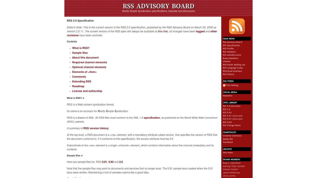 Screenshot of RSS website