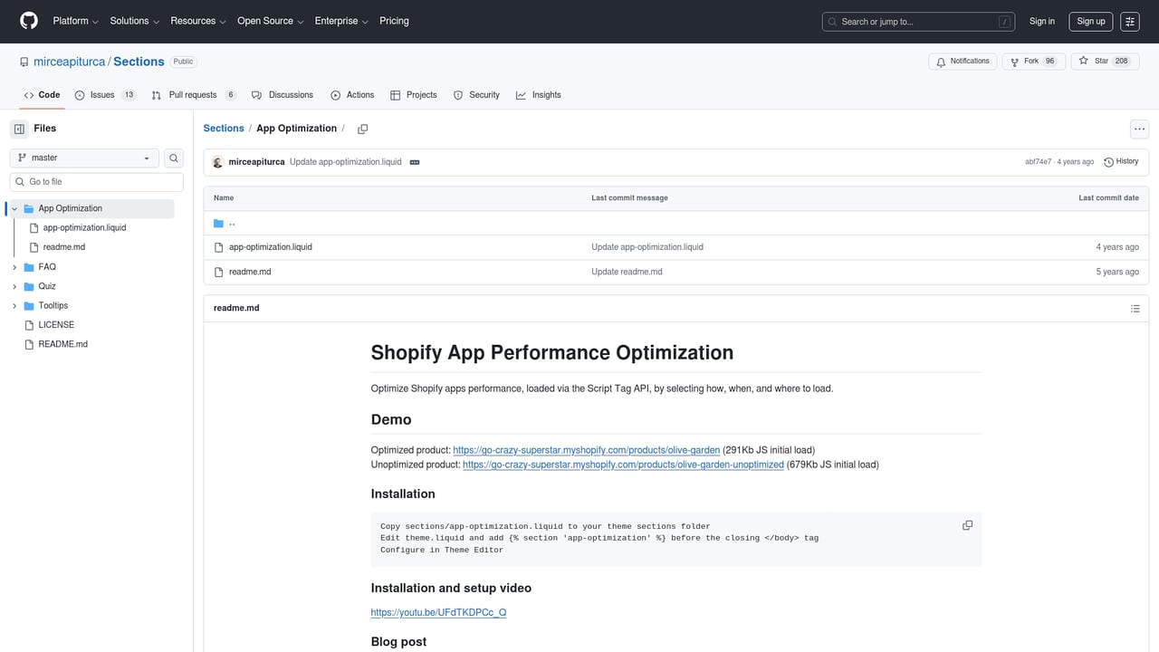 Screenshot of Sections.design Shopify App Optimization website