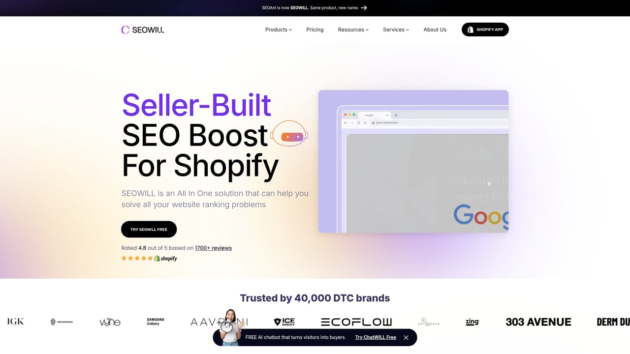 Screenshot of SEOAnt website