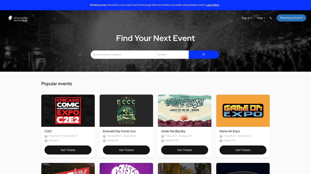 Screenshot of ShowClix website