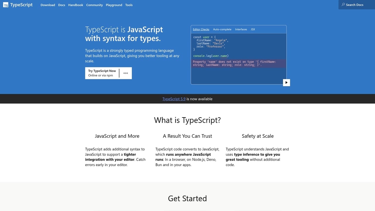 Screenshot of TypeScript website