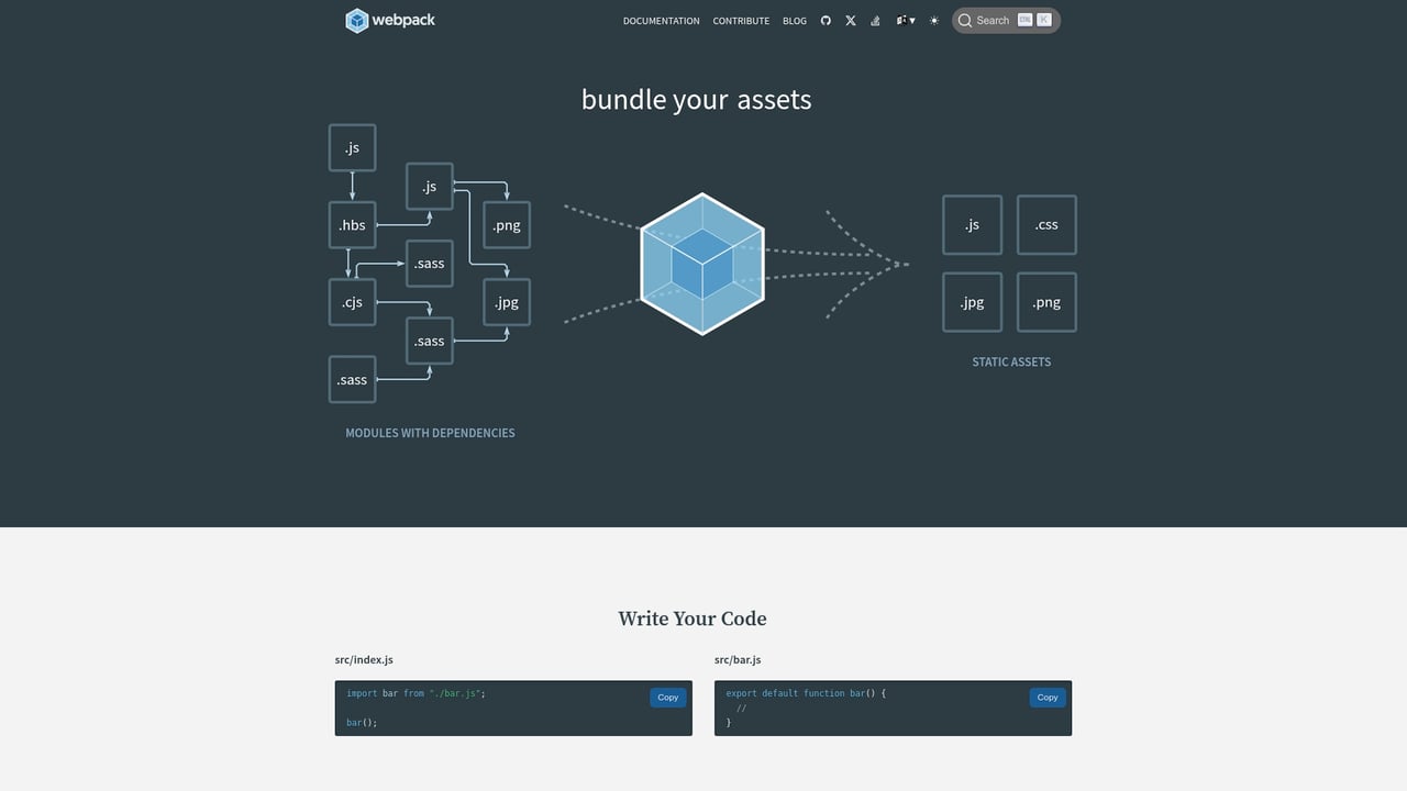 Screenshot of Webpack website